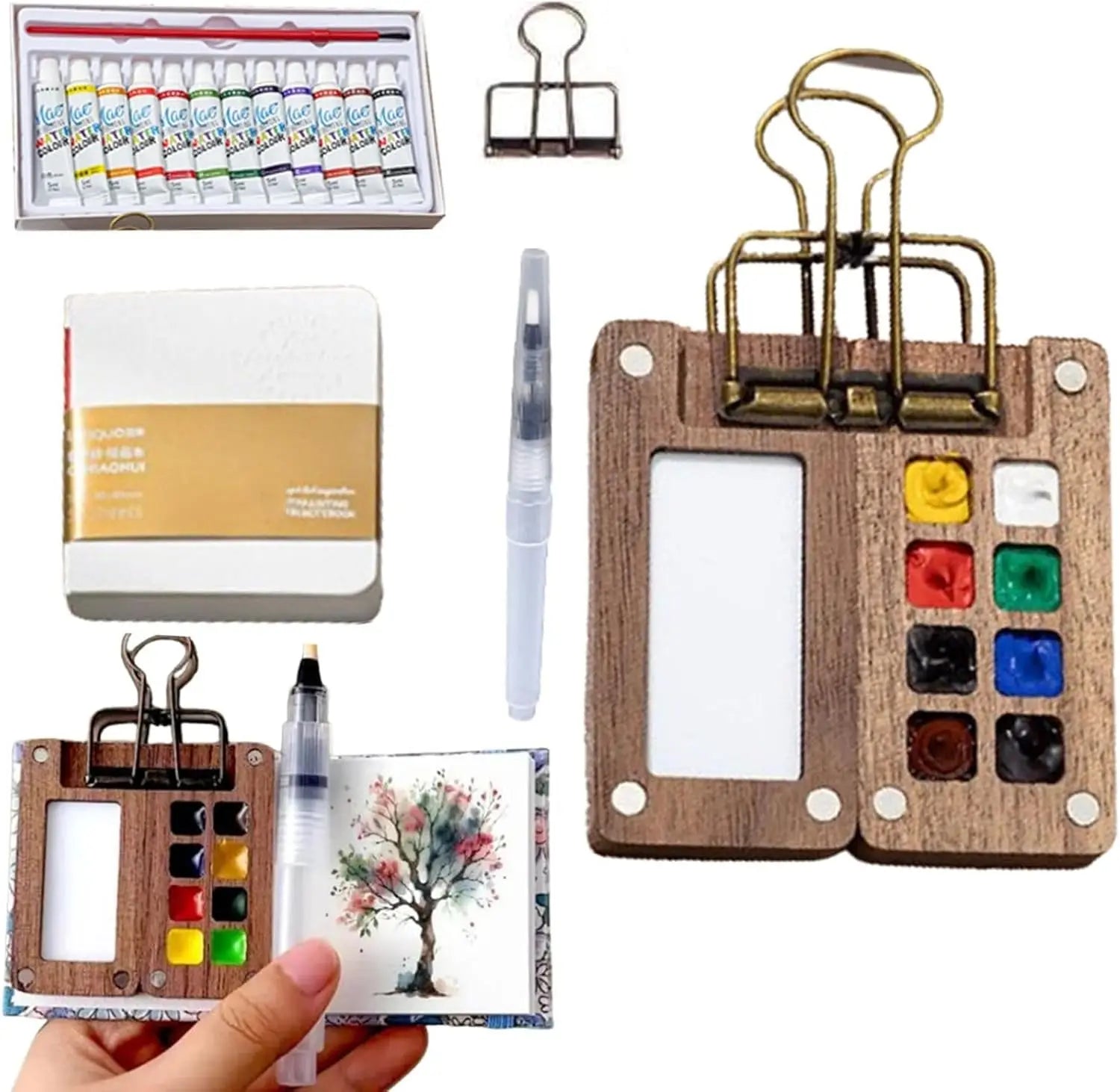Kit d'Aquarelle de Voyage Complet - Carnet, Palette, Pinceau, Pince & Peinture