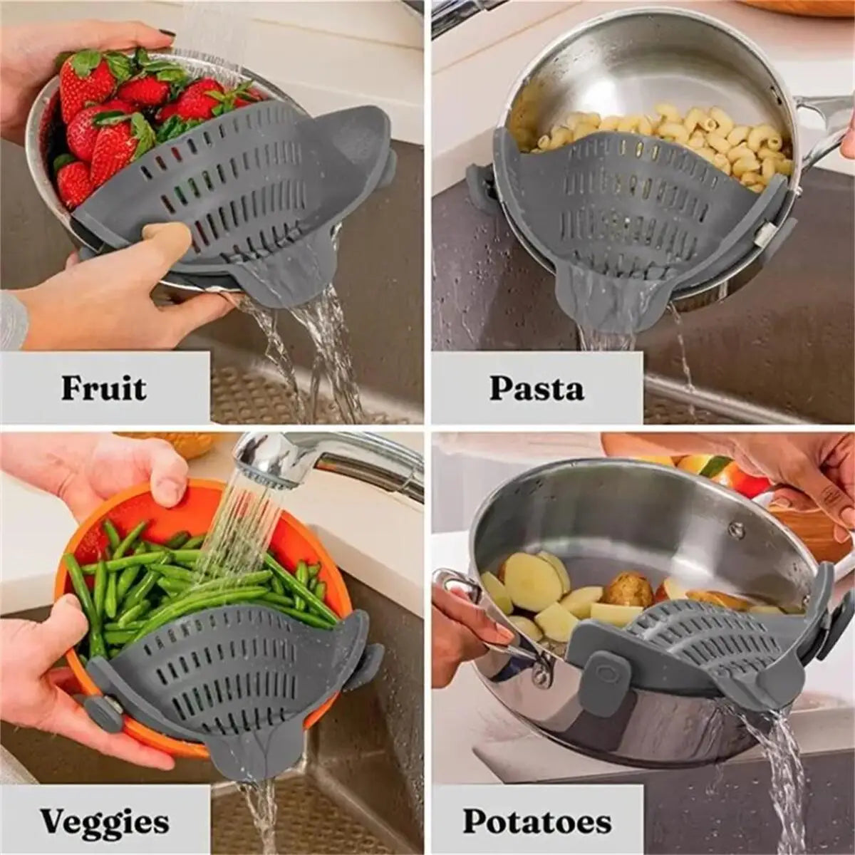 Passoire à pâtes en silicone anti-déversement, clip universel
