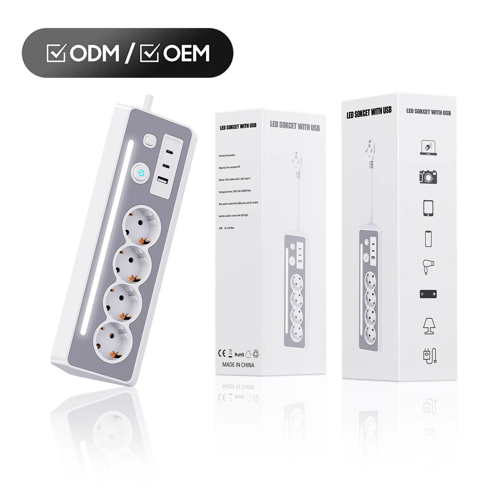 Multiprise LED 4 Prises et 3 USB - Charge Rapide