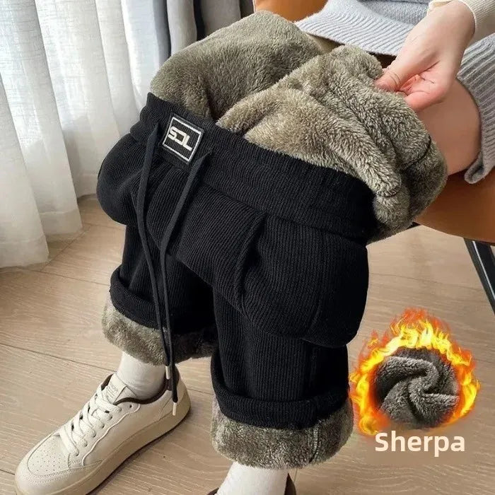 Pantalon Chaud & Ample en Velours Côtelé avec Double en Fourrure