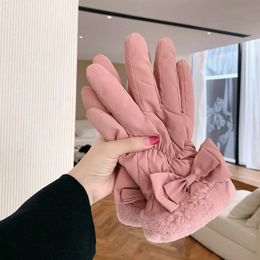 Gants chauds & imperméables intérieur fausses fourrure avec noeud