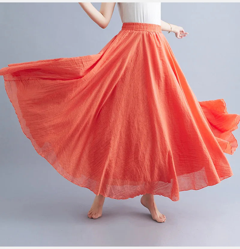 Jupe Longue en Coton & Lin à Taille Haute Élastique