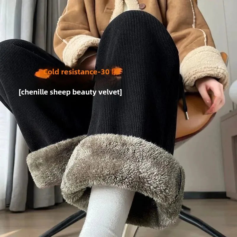 Pantalon Chaud & Ample en Velours Côtelé avec Double en Fourrure