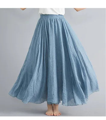 Jupe Longue en Coton & Lin à Taille Haute Élastique