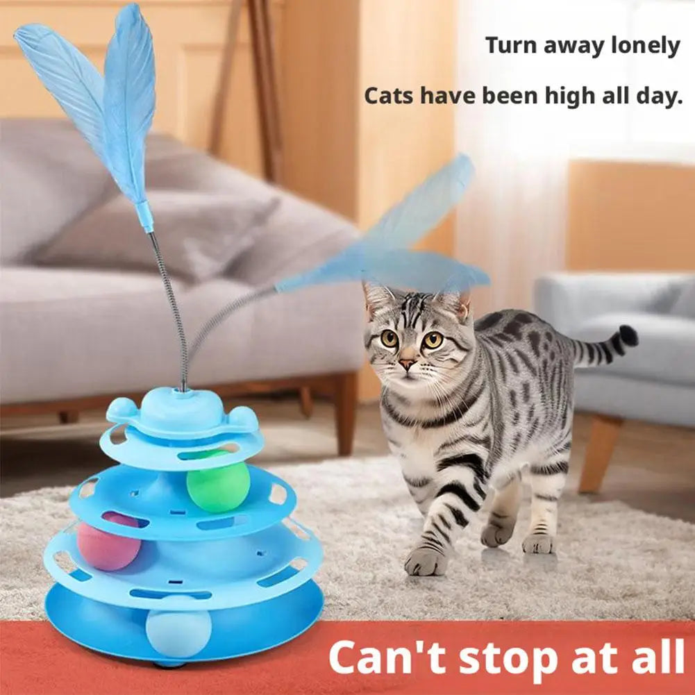 Jouet Interactif pour Chat à 4 Niveaux – Circuit de Balles Tournantes & Plume Mobile – Jeu d’Éveil et d’Exercice