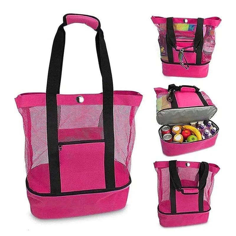 Grand Sac de Plage en Maille avec Compartiment Isotherme – Fourre-Tout pour Pique-Nique, Camping et Loisirs