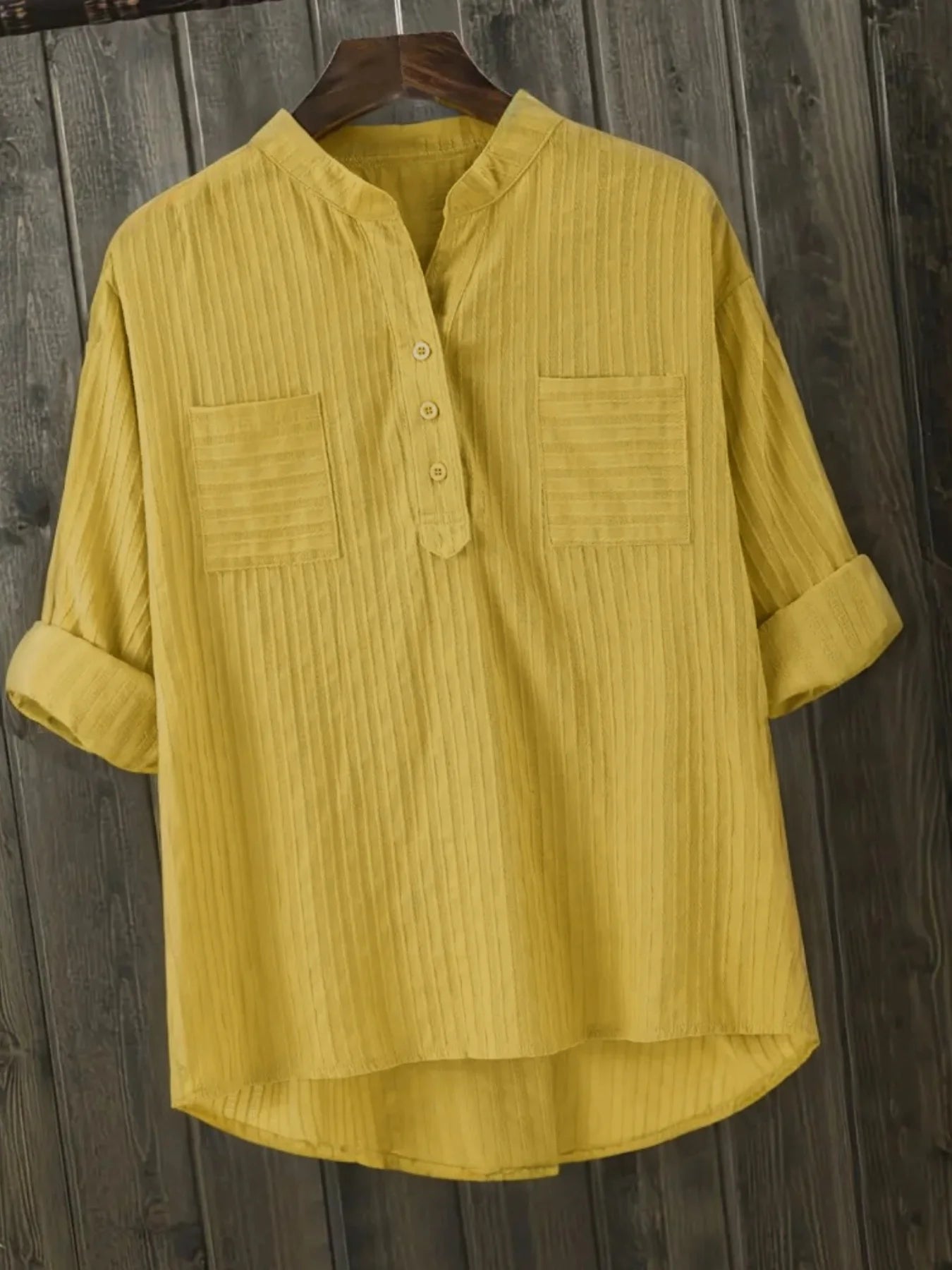 Chemise Col Mao à Boutons Manches 3/4 Retroussables & Poches - Femme