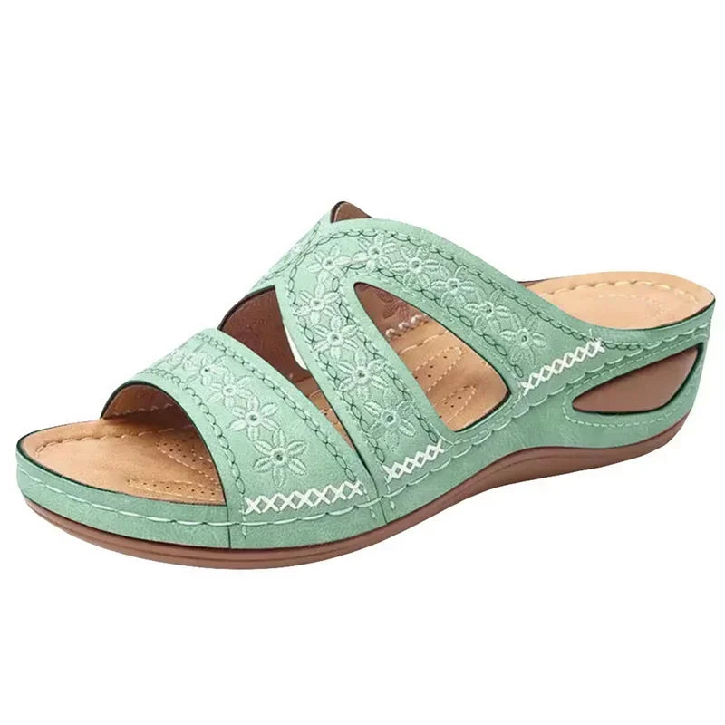 Sandales Mules Ortho+ à Talon Compensé à Motif Fleurs Cousues