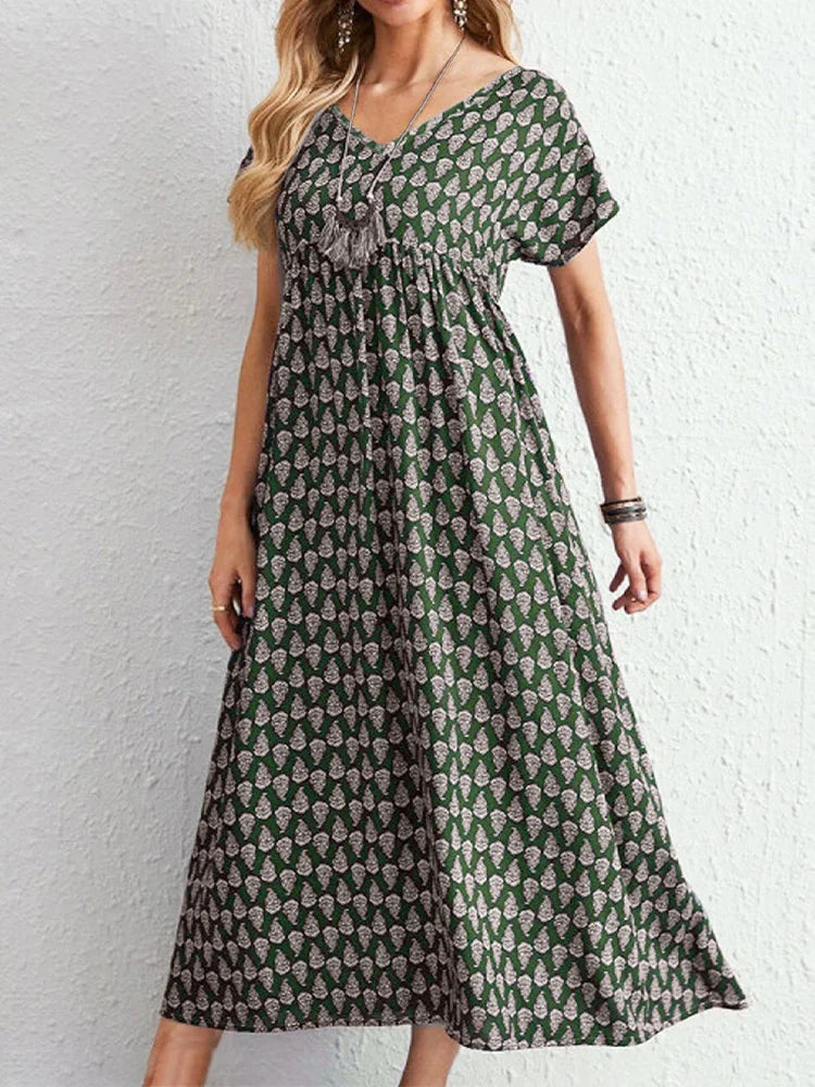 Robe longue bohème grande taille à imprimé — manches courtes, col V, taille élastique