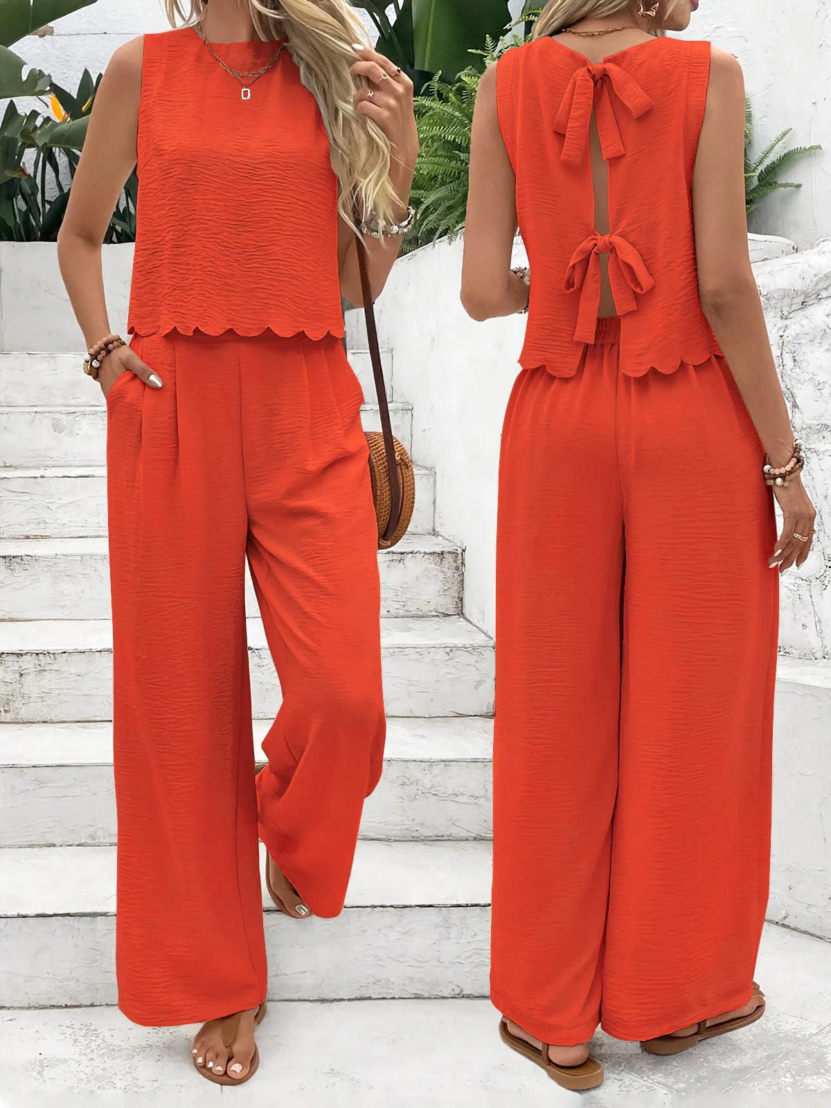 Ensemble 2PCS Pantalon Fluide + Top à Noeud dans le Dos