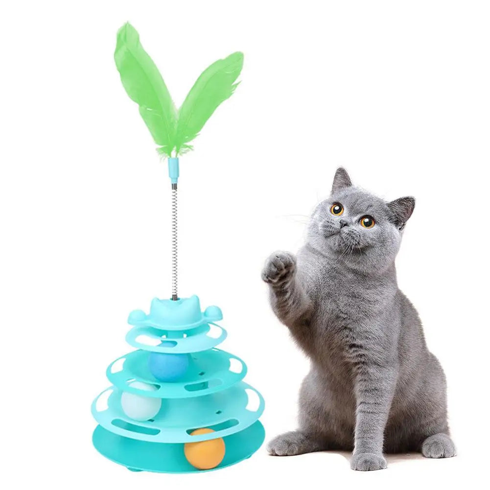 Jouet Interactif pour Chat à 4 Niveaux – Circuit de Balles Tournantes & Plume Mobile – Jeu d’Éveil et d’Exercice