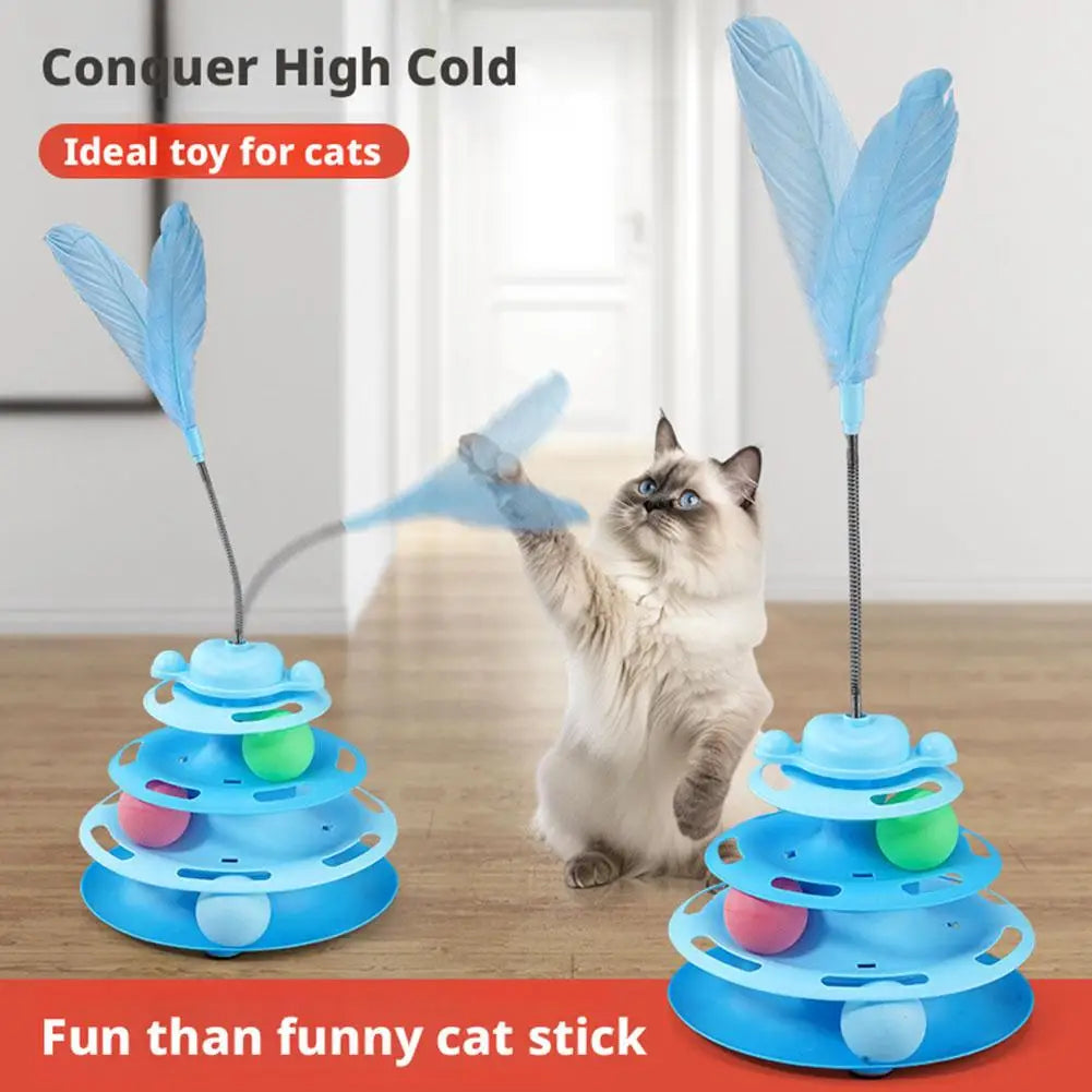 Jouet Interactif pour Chat à 4 Niveaux – Circuit de Balles Tournantes & Plume Mobile – Jeu d’Éveil et d’Exercice