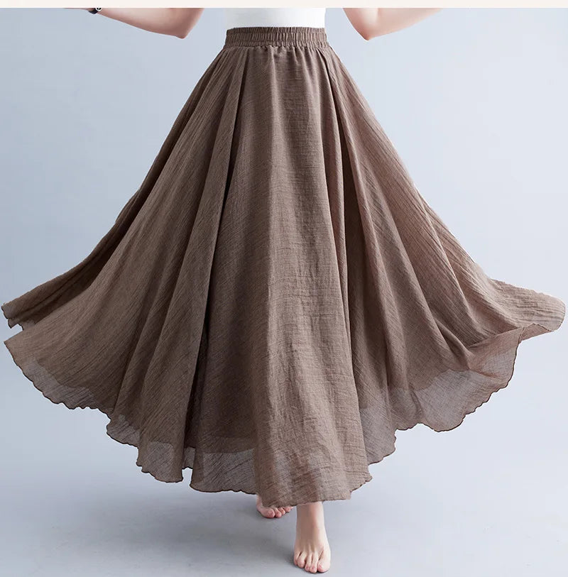 Jupe Longue en Coton & Lin à Taille Haute Élastique