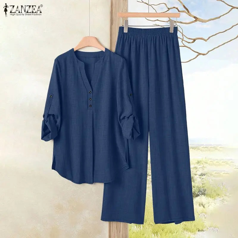 Ensemble Femme 2 Pièces – Blouse Semi-Boutonnée et Pantalon Large Décontracté