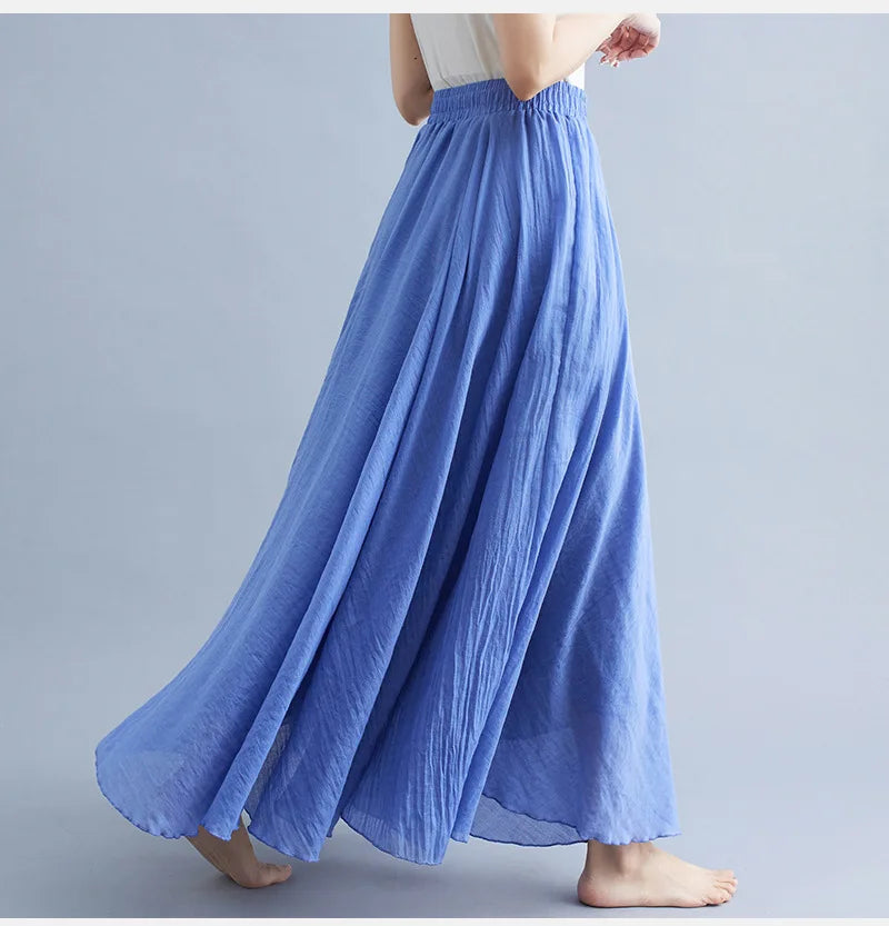 Jupe Longue en Coton & Lin à Taille Haute Élastique