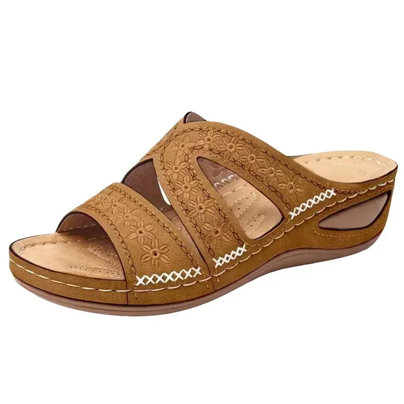 Sandales Mules Ortho+ à Talon Compensé à Motif Fleurs Cousues