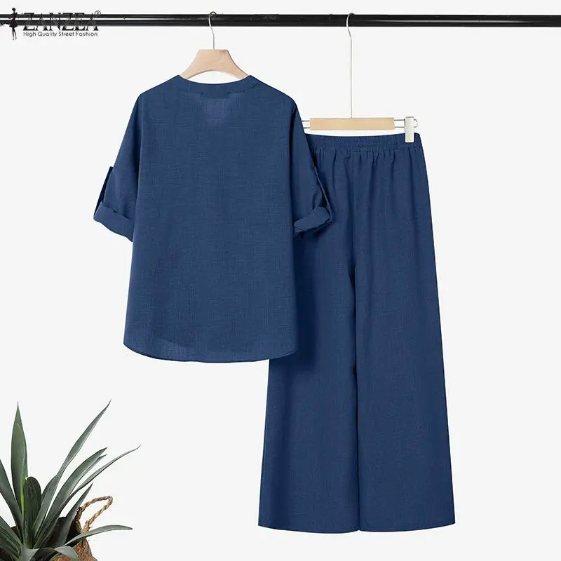 Ensemble Femme 2 Pièces – Blouse Semi-Boutonnée et Pantalon Large Décontracté