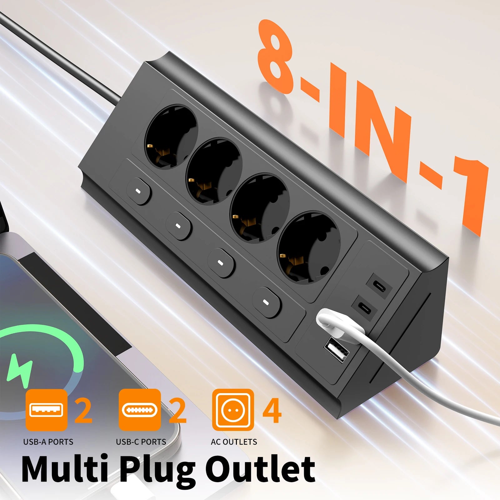 Multiprise d'Angles de Bureau avec Interrupteur de Contrôle - 4 Prises + 4 Ports