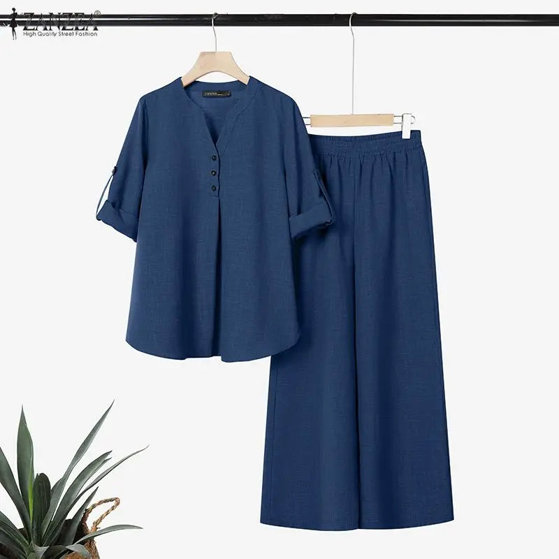 Ensemble Femme 2 Pièces – Blouse Semi-Boutonnée et Pantalon Large Décontracté