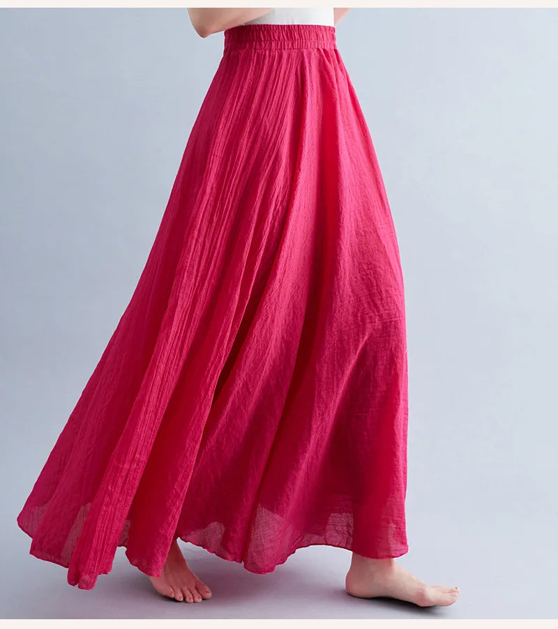 Jupe Longue en Coton & Lin à Taille Haute Élastique