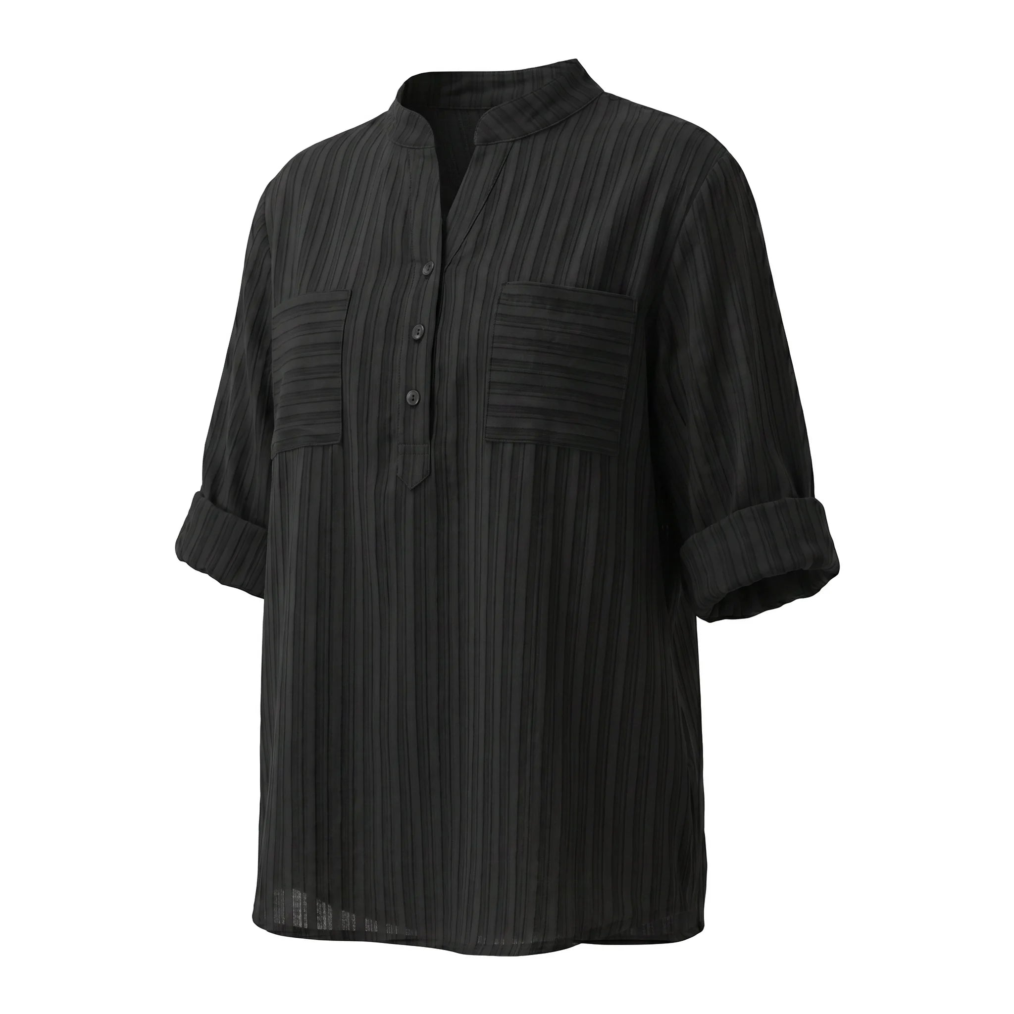 Chemise Col Mao à Boutons Manches 3/4 Retroussables & Poches - Femme