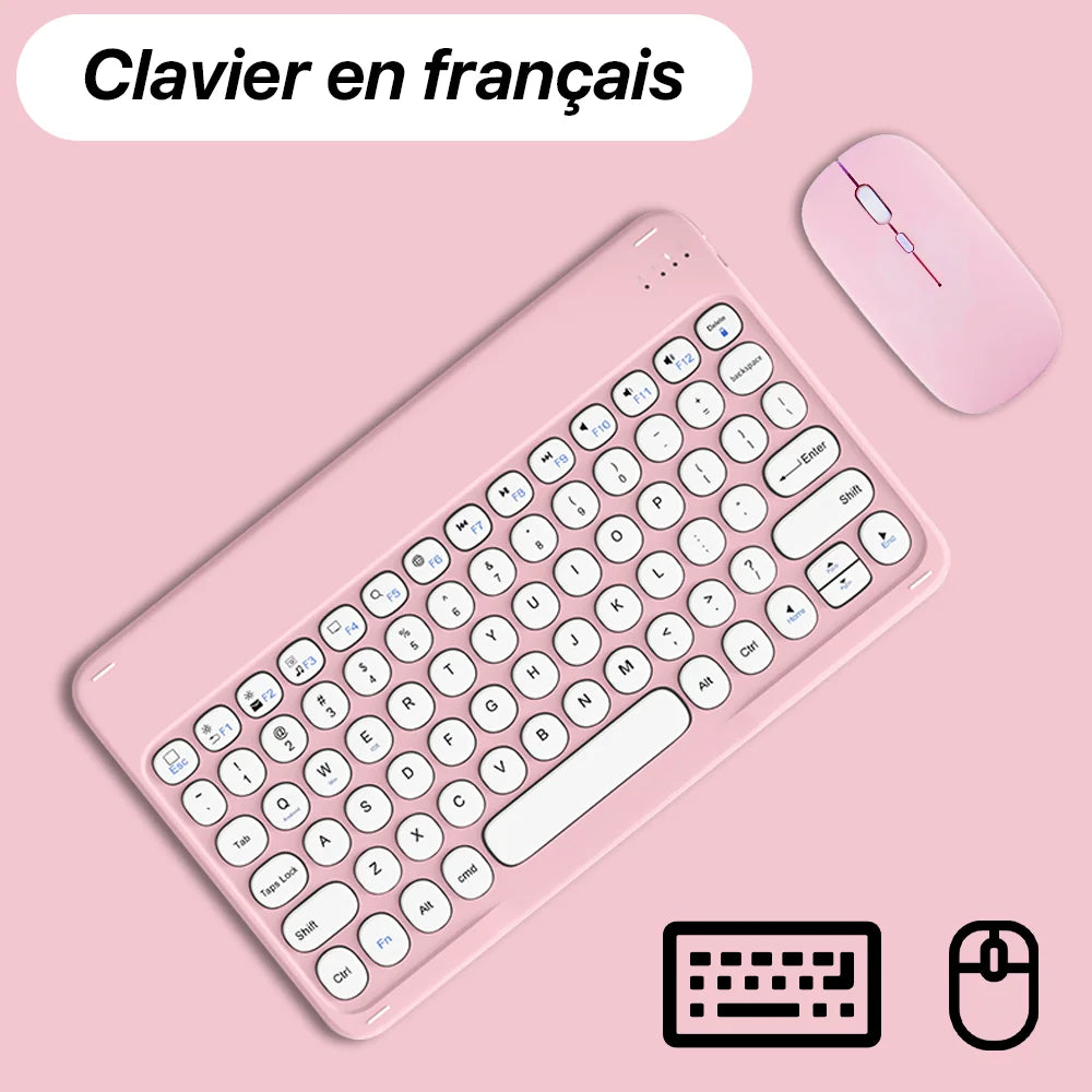 Ensemble Clavier et Souris Bluetooth Sans Fil – Compatible iPad, iPhone, Samsung et Ordinateur Portable
