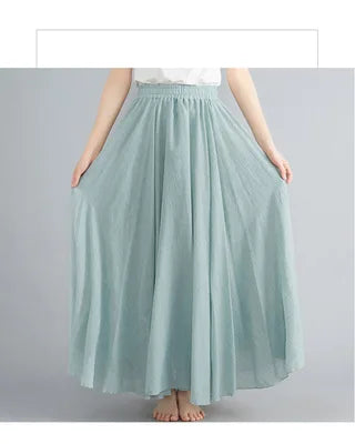 Jupe Longue en Coton & Lin à Taille Haute Élastique