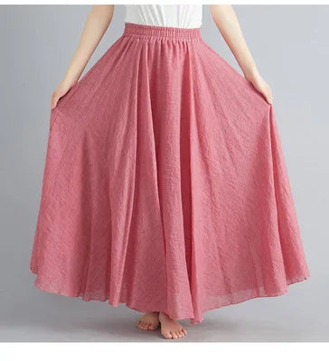 Jupe Longue en Coton & Lin à Taille Haute Élastique