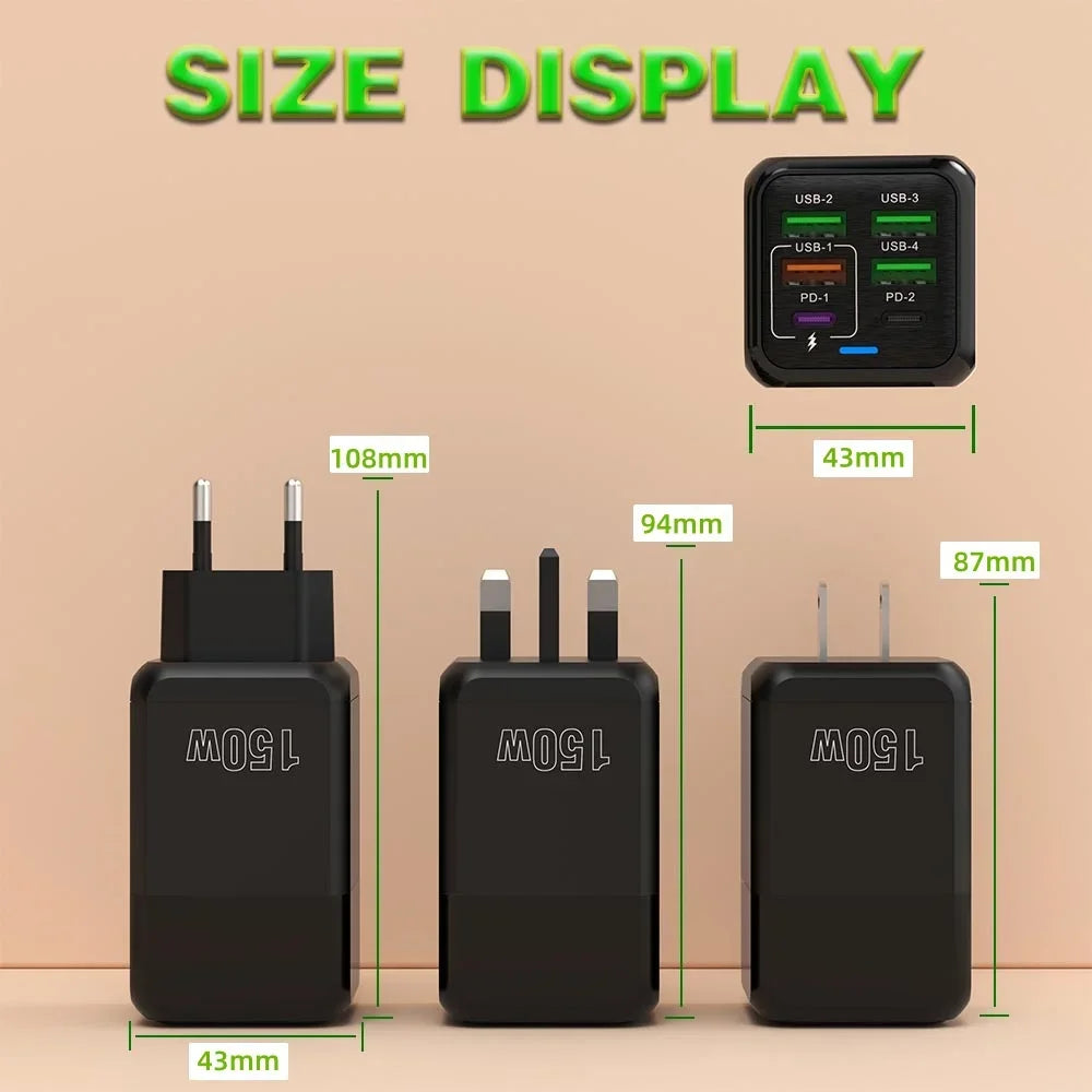 Chargeur USB 150W à 6 Ports et Charge Rapide 3.0 - Câble USB-C OFFERT