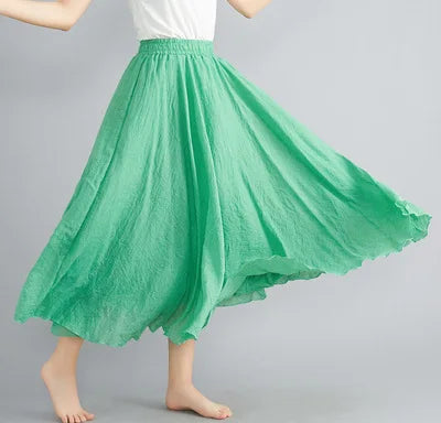 Jupe Longue en Coton & Lin à Taille Haute Élastique