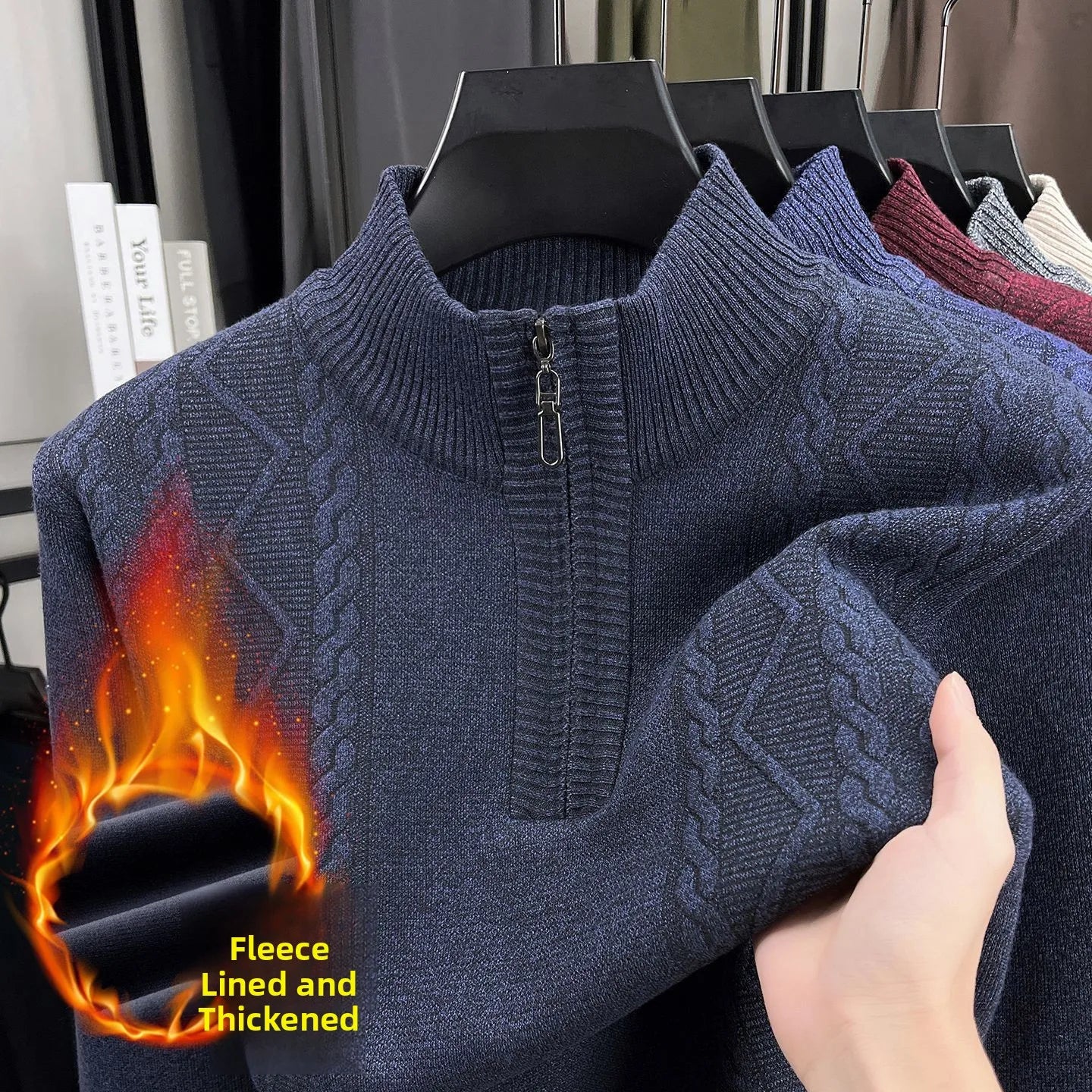 Pull Tricoté en Polaire avec Col Cheminé à Zip - Homme