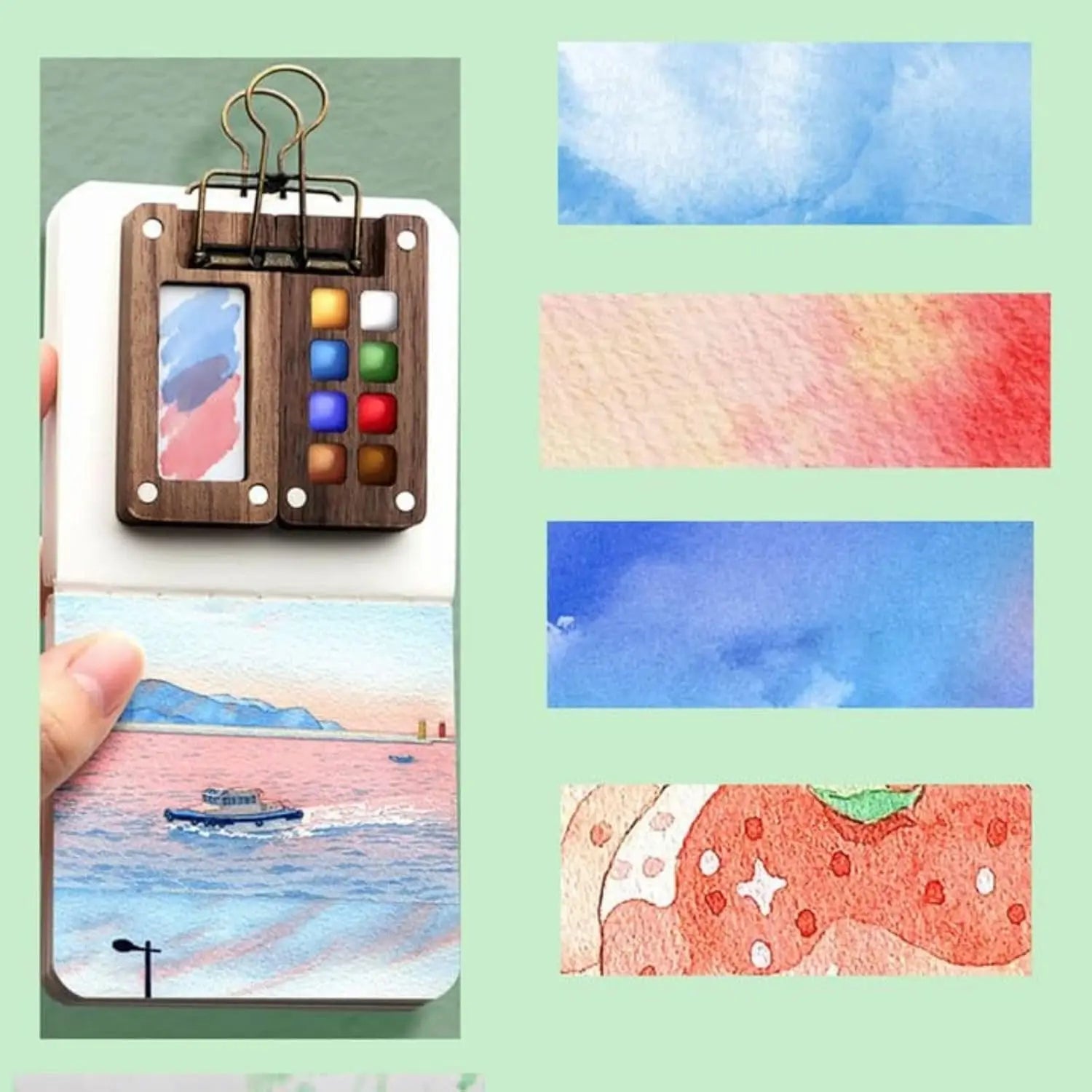 Kit d'Aquarelle de Voyage Complet - Carnet, Palette, Pinceau, Pince & Peinture