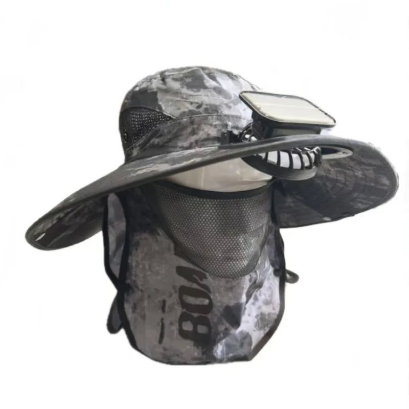 Chapeau Anti-UV 3 EN 1 avec Ventilateur Solaire Intégré et Large Bord - Masque Amovible