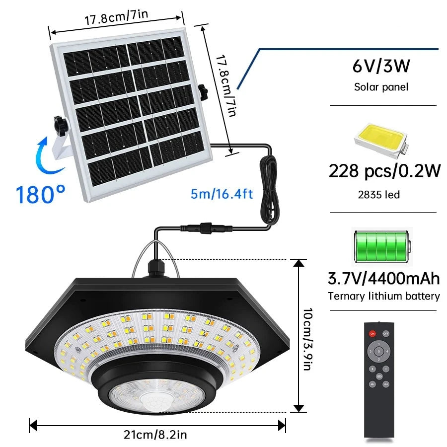 Lampe solaire suspendue 360 degrés avec télécommande - 228 LED Puissantes