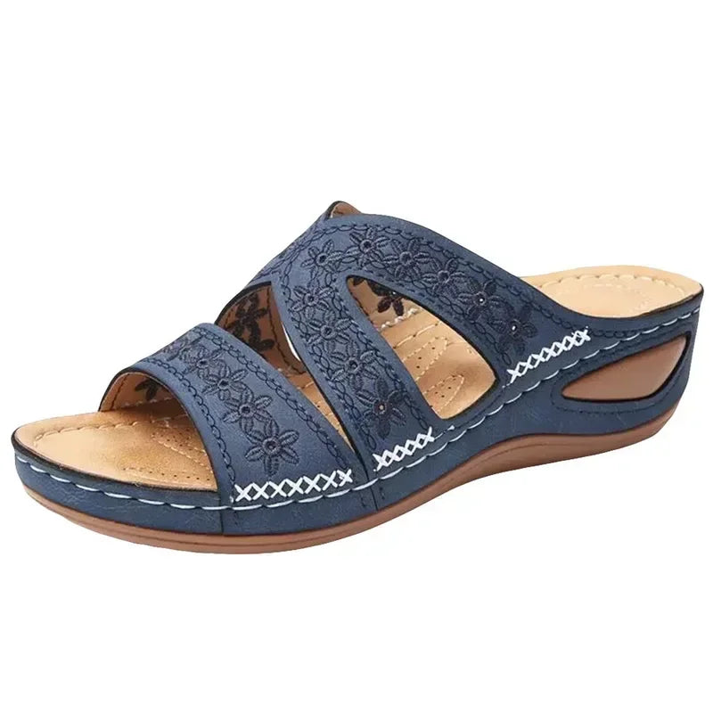Sandales Mules Ortho+ à Talon Compensé à Motif Fleurs Cousues