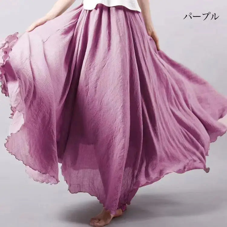 Jupe Longue en Coton & Lin à Taille Haute Élastique