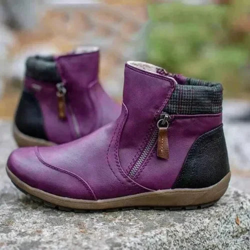 Bottines en Cuir PU & Motif Carreaux à Fermeture Éclair