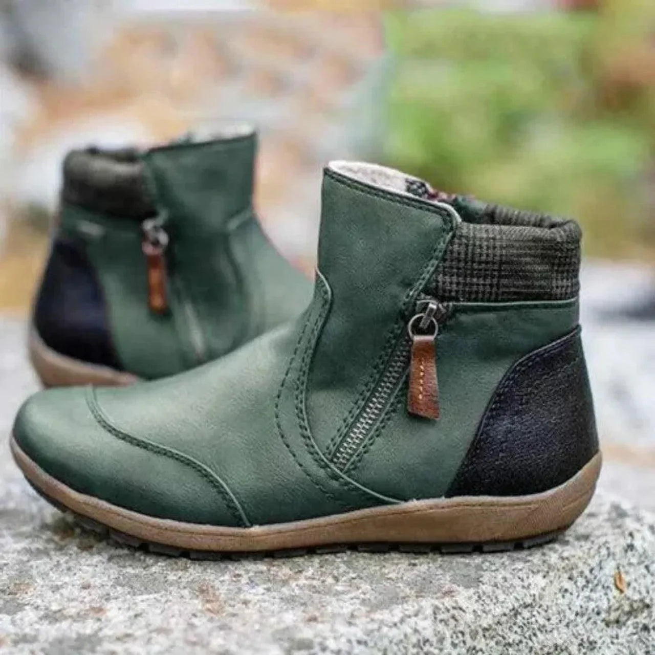 Bottines en Cuir PU & Motif Carreaux à Fermeture Éclair