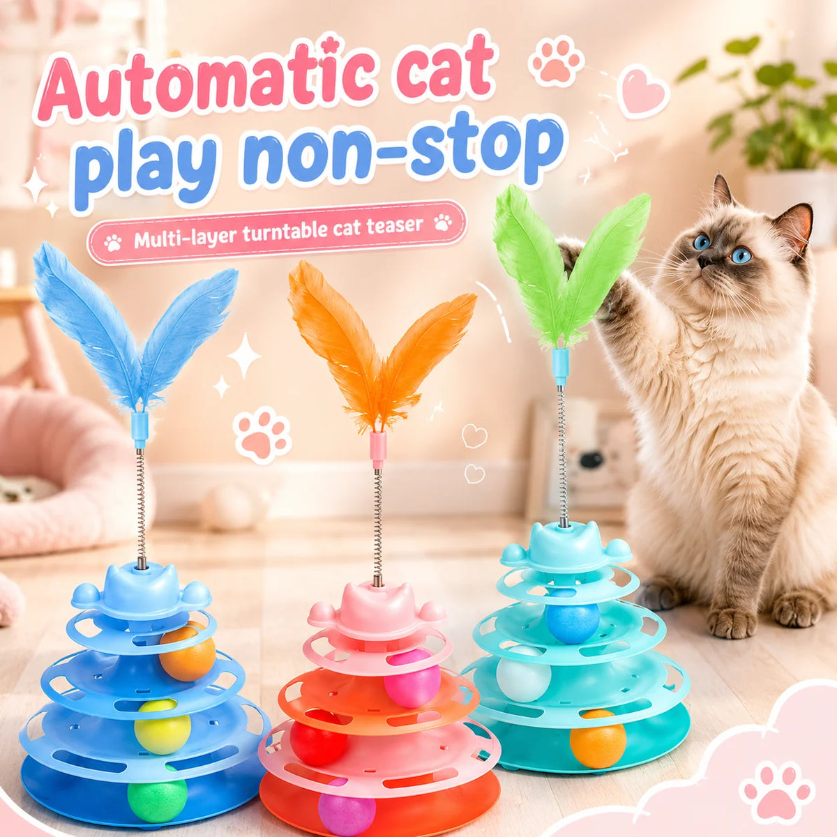 Jouet Interactif pour Chat à 4 Niveaux – Circuit de Balles Tournantes & Plume Mobile – Jeu d’Éveil et d’Exercice