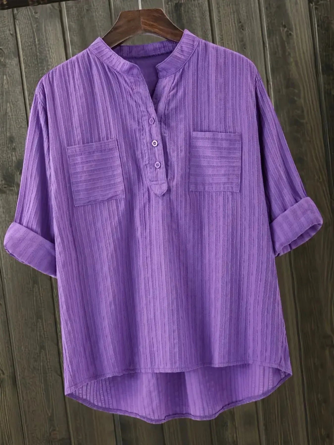 Chemise Col Mao à Boutons Manches 3/4 Retroussables & Poches - Femme