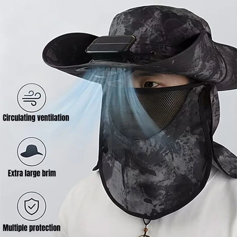 Chapeau Anti-UV 3 EN 1 avec Ventilateur Solaire Intégré et Large Bord - Masque Amovible