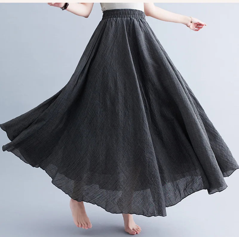 Jupe Longue en Coton & Lin à Taille Haute Élastique