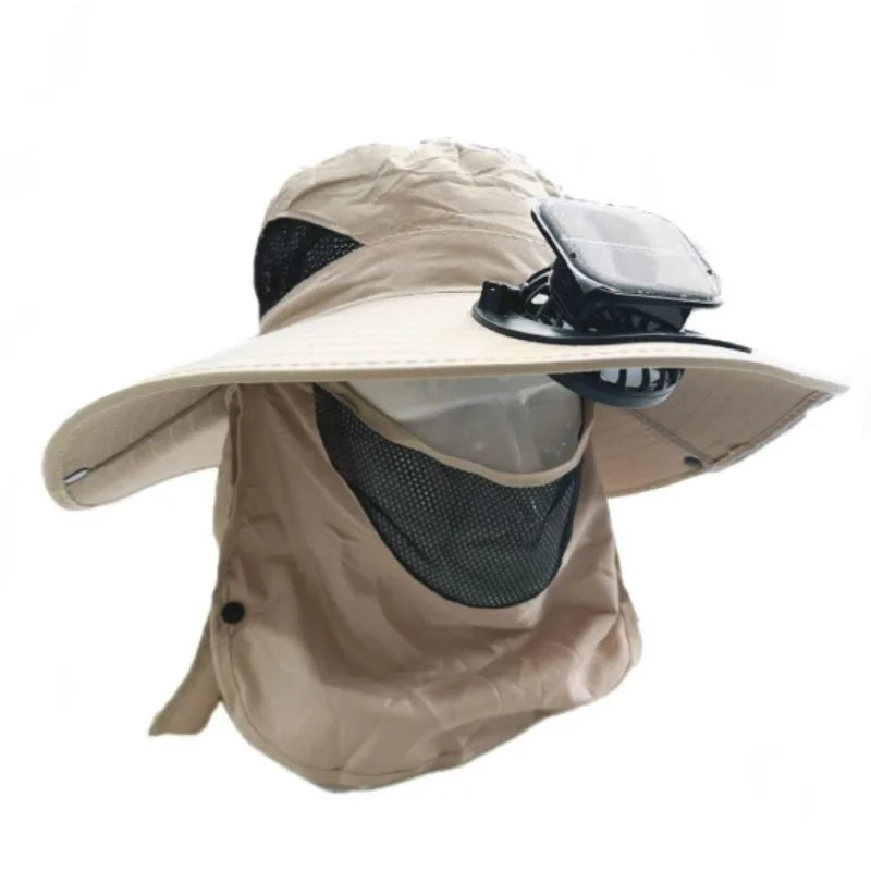 Chapeau Anti-UV 3 EN 1 avec Ventilateur Solaire Intégré et Large Bord - Masque Amovible