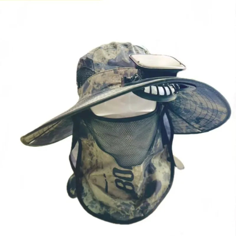 Chapeau Anti-UV 3 EN 1 avec Ventilateur Solaire Intégré et Large Bord - Masque Amovible