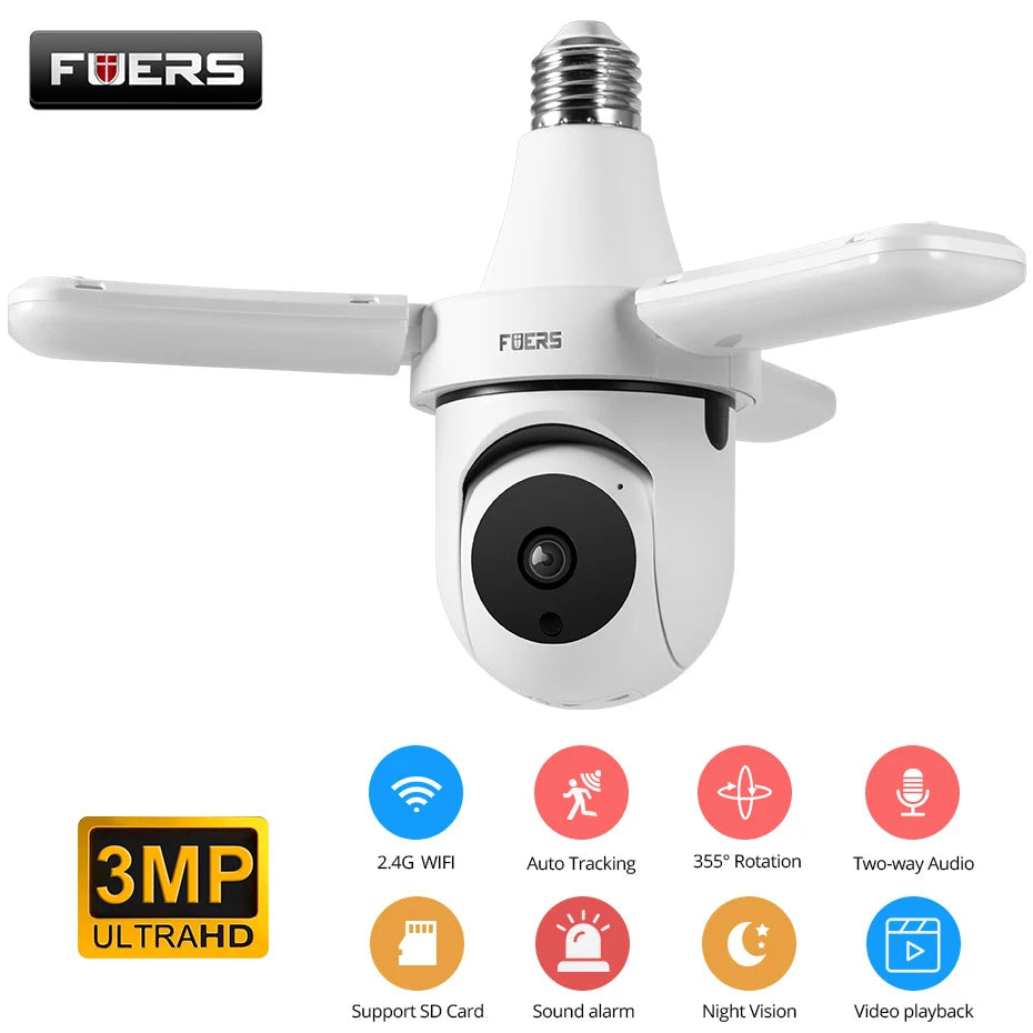 Ampoule Caméra E27 WiFi Sécurité 3MP — Suivi Auto, Rotation 355°, Vision Nocturne