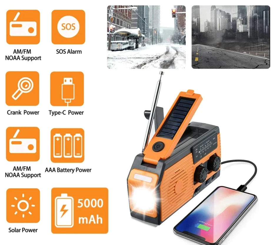Lampe torche Radio multifonctionnelle à manivelle solaire portable