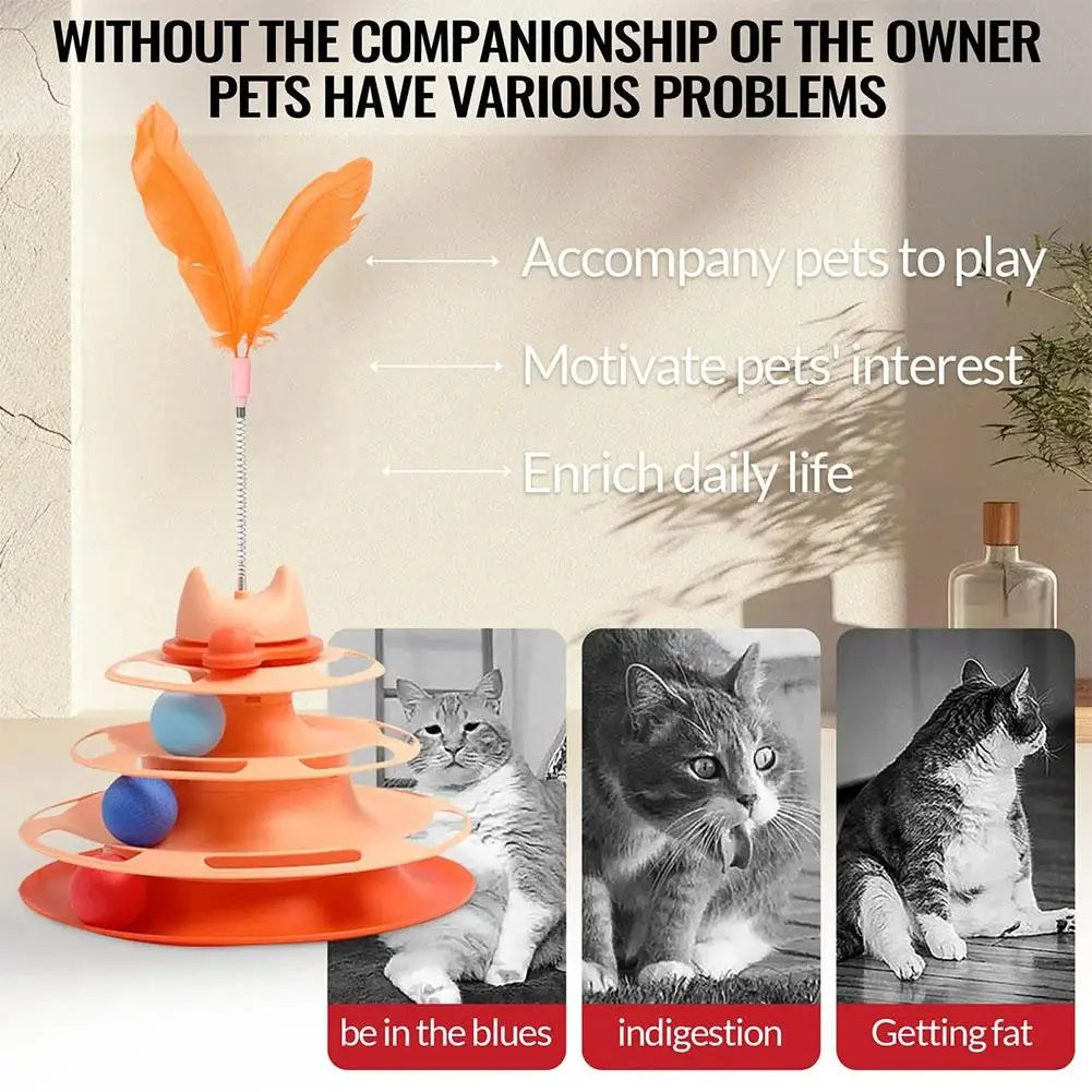 Jouet Interactif pour Chat à 4 Niveaux – Circuit de Balles Tournantes & Plume Mobile – Jeu d’Éveil et d’Exercice