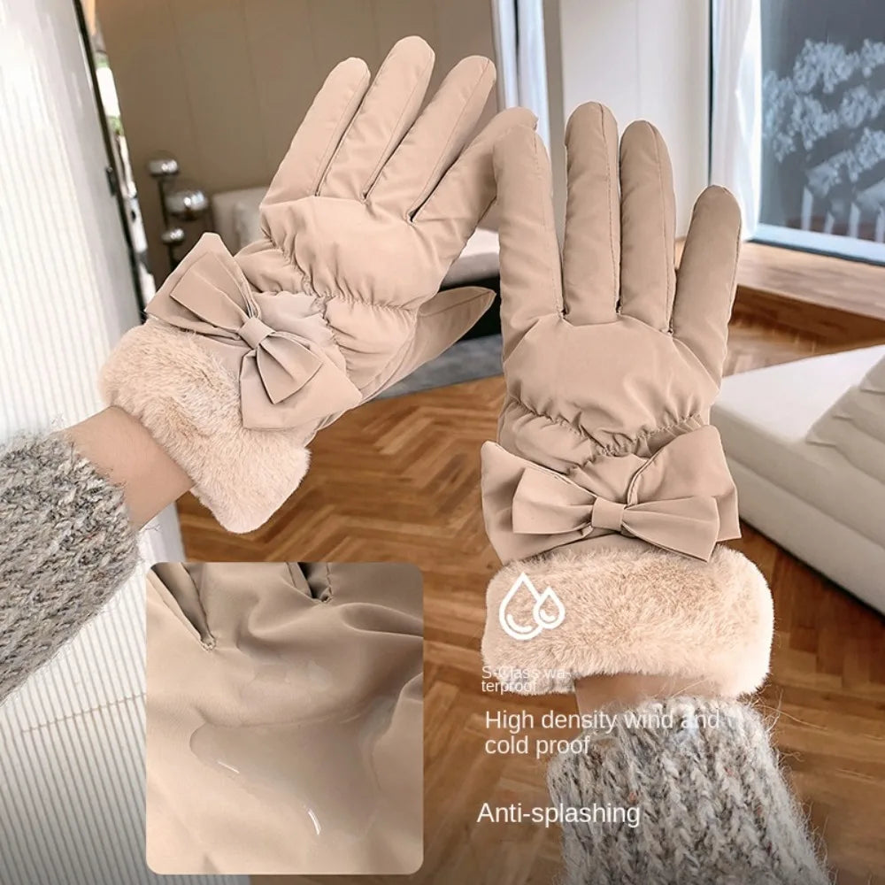 Gants chauds & imperméables intérieur fausses fourrure avec noeud