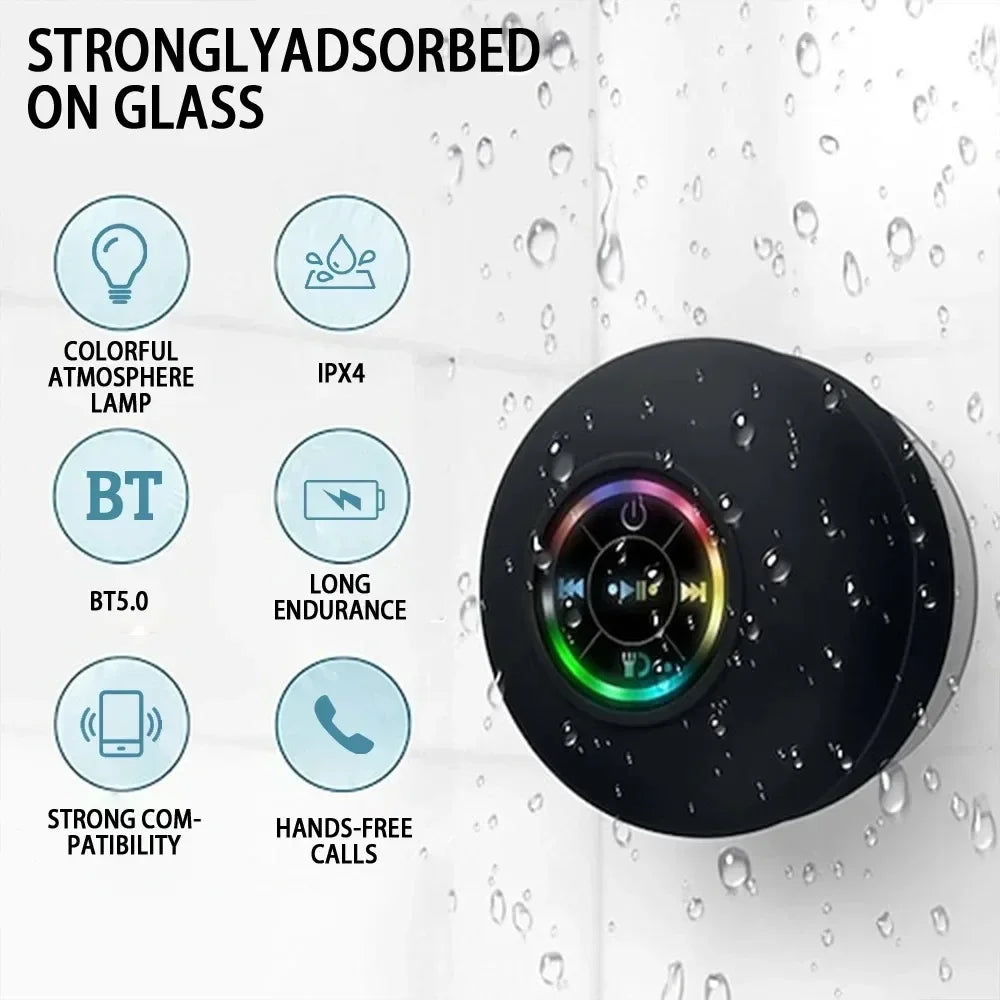 Enceinte Bluetooth Étanche IPX4 avec Lumières LED – Haut-Parleur Portable à Ventouse pour Douche et Outdoor