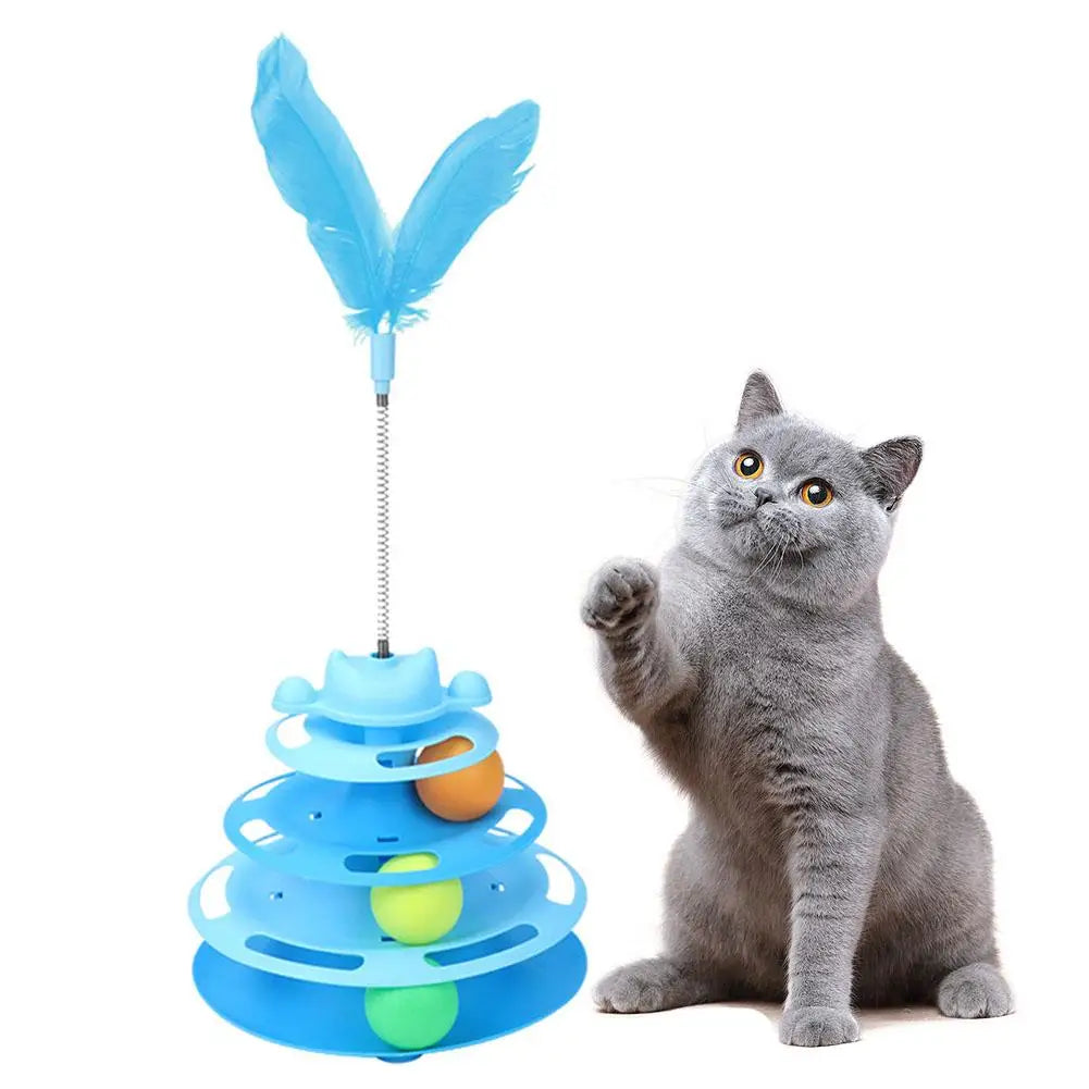 Jouet Interactif pour Chat à 4 Niveaux – Circuit de Balles Tournantes & Plume Mobile – Jeu d’Éveil et d’Exercice